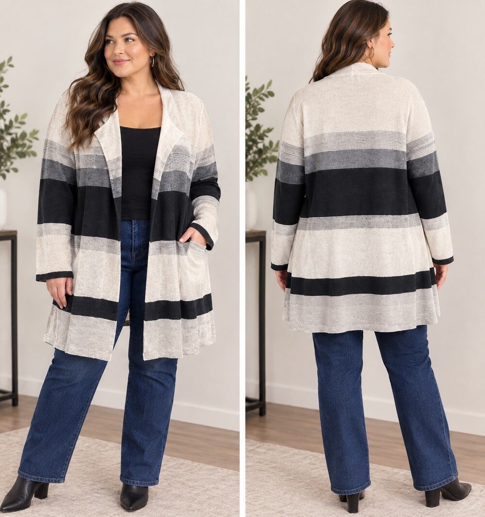 Chicos Zenergy Striped Duster Cardigan Sweater Size 2 (Large) Colorblock